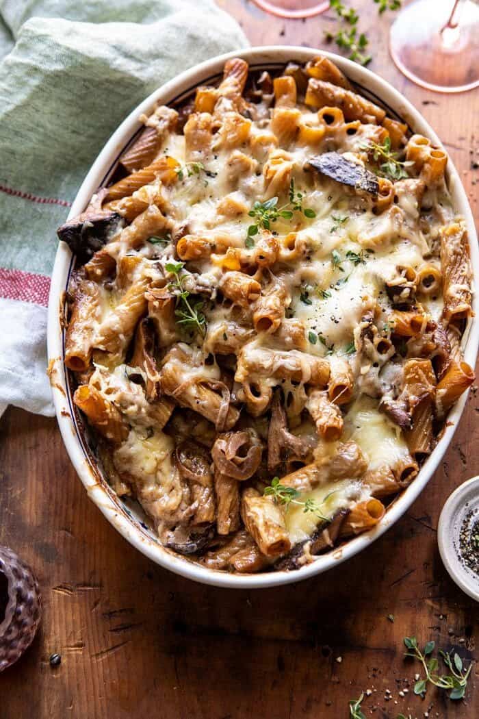 One Pot Creamy French Onion Pasta Bake | halfbakedharvest.com #pasta #frenchonion #easyrecipes overhead close up photo of One Pot Creamy French Onion Pasta Bake