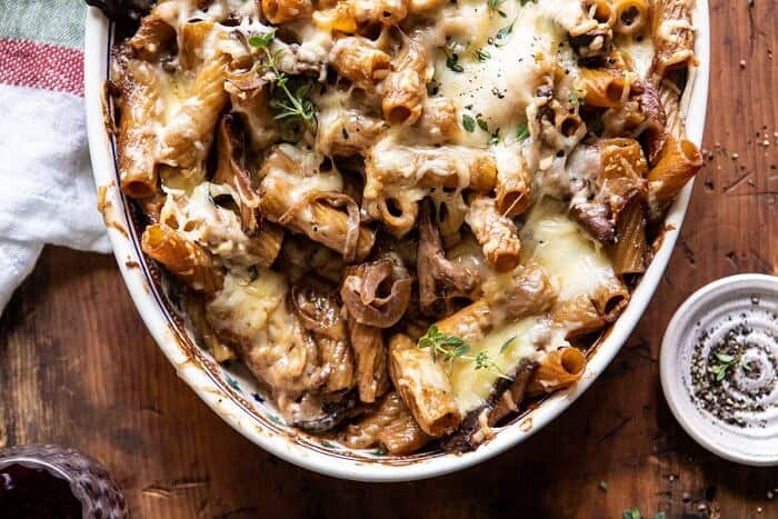One Pot Creamy French Onion Pasta Bake | halfbakedharvest.com #pasta #frenchonion #easyrecipes horizontal photo of One Pot Creamy French Onion Pasta Bake