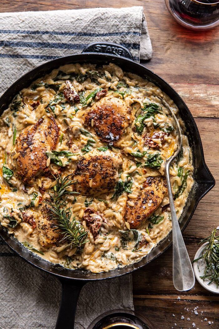 One Skillet Creamy Sun-Dried Tomato Chicken and Orzo | halfbakedharvest.com #skilletdinner #chicken #orzo