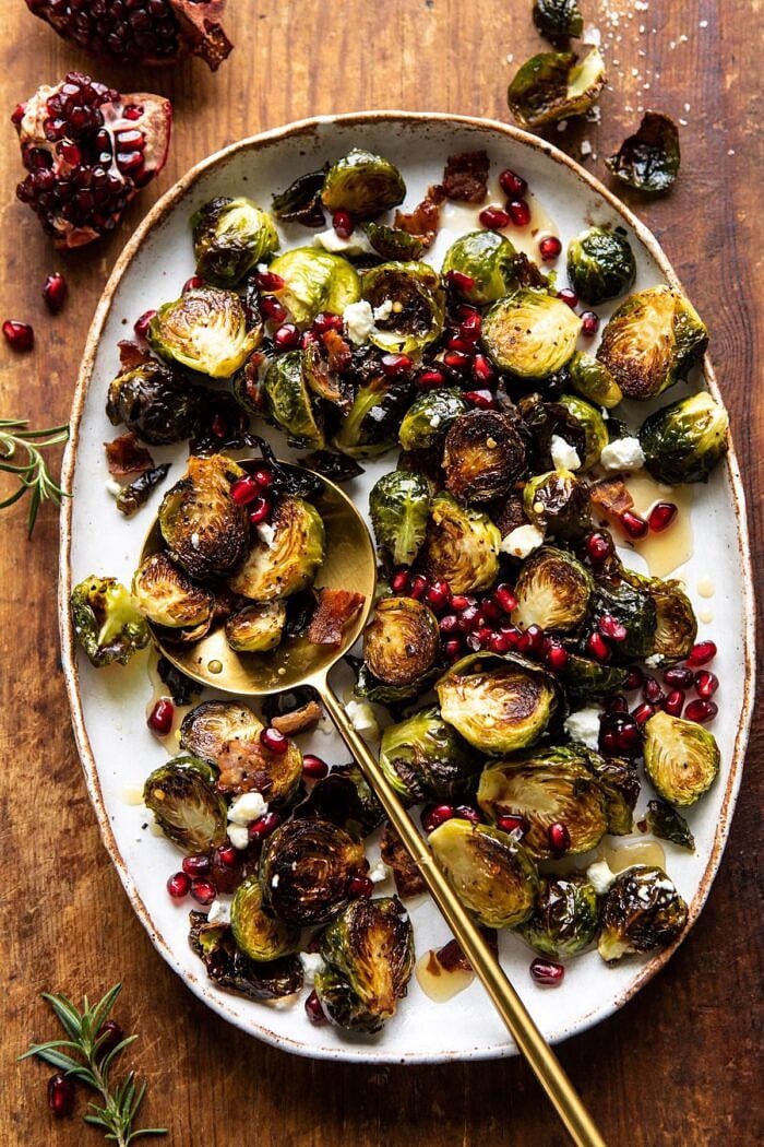 Roasted Bacon Brussels Sprouts with Salted Honey | halfbakedharvest.com #brusselssprouts #healthy overhread photo of Roasted Bacon Brussels Sprouts with Salted Honey