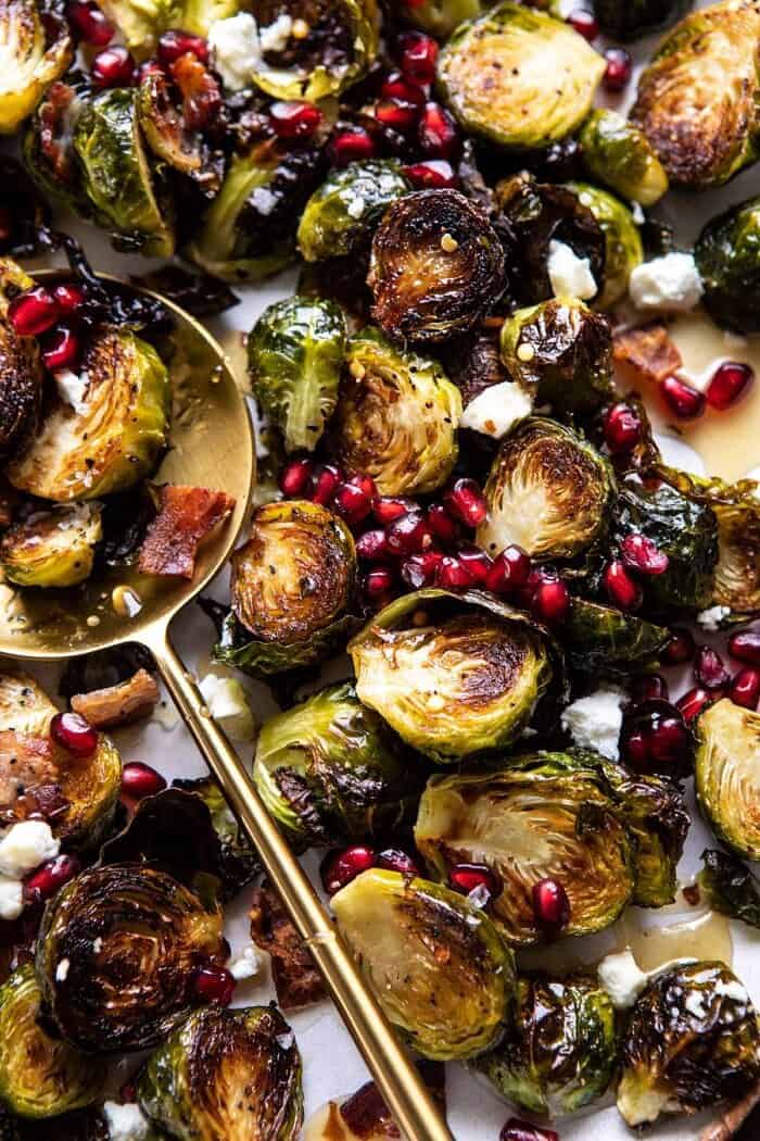 Roasted Bacon Brussels Sprouts with Salted Honey | halfbakedharvest.com #brusselssprouts #healthy overhead close up photo of Roasted Bacon Brussels Sprouts with Salted Honey