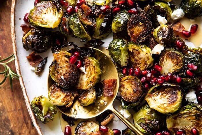 Roasted Bacon Brussels Sprouts with Salted Honey | halfbakedharvest.com #brusselssprouts #healthy horizontal photo of Roasted Bacon Brussels Sprouts with Salted Honey