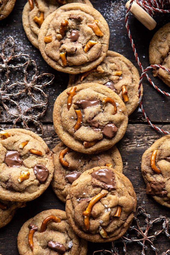overhead close up photo of Salted Caramel Pretzel Snickerdoodles 