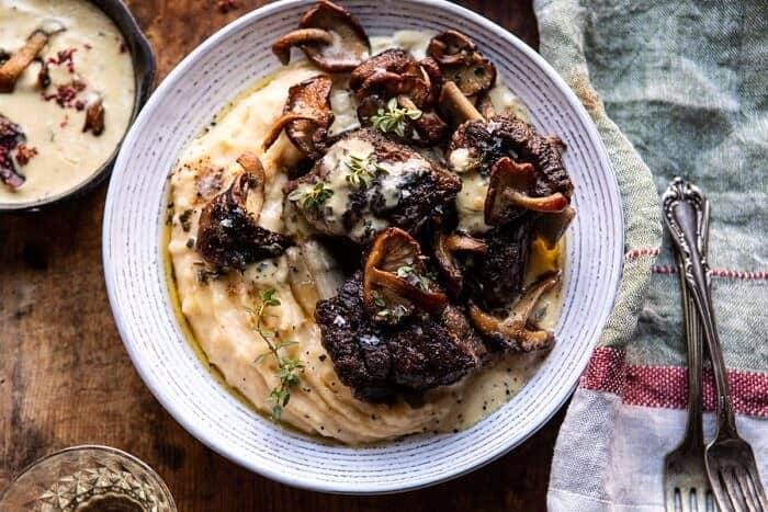 horizontal photo of White Wine Braised Short Ribs with Buttered Mushroom Cream Sauce 