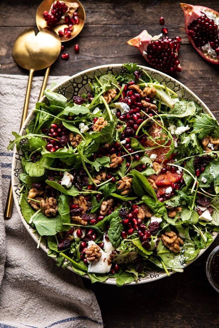 Winter Pomegranate Salad with Maple Candied Walnuts | halfbakedharvest.com #wontersalad #healthy overhead photo of Winter Pomegranate Salad with Maple Candied Walnuts