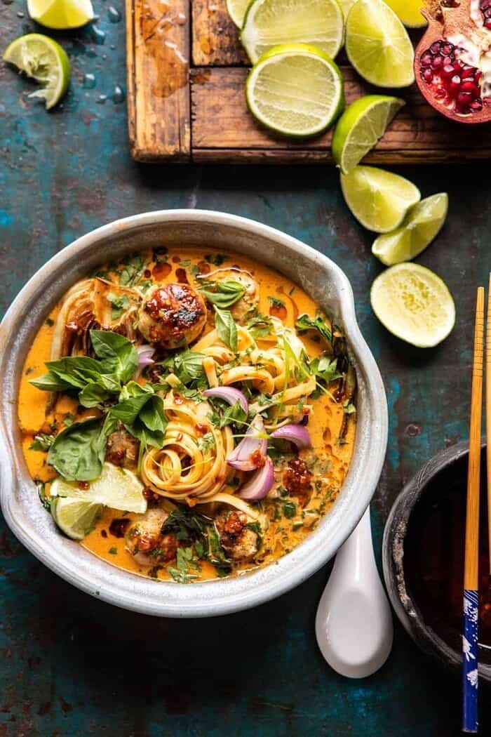 overhead photo of 30 Minute Thai Chicken Meatball Khao Soi