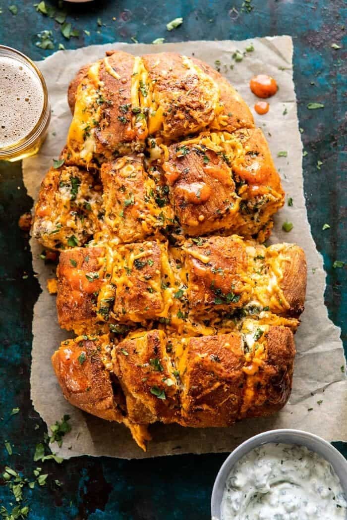 Buffalo Ranch Chicken Pull Apart Bread | halfbakedharvest.com #buffalochicken #pullapartbread overhead photo of Buffalo Ranch Chicken Pull Apart Bread