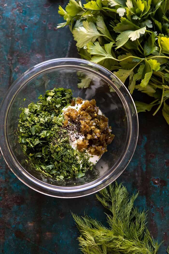 Buffalo Ranch Chicken Pull Apart Bread | halfbakedharvest.com #buffalochicken #pullapartbread overhead photo of jalapeno ranch