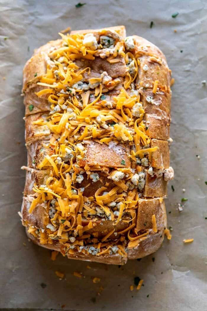 Buffalo Ranch Chicken Pull Apart Bread | halfbakedharvest.com #buffalochicken #pullapartbread Buffalo Ranch Chicken Pull Apart Bread before baking