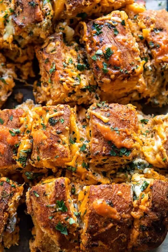Buffalo Ranch Chicken Pull Apart Bread | halfbakedharvest.com #buffalochicken #pullapartbread overhead photo super close up of Buffalo Ranch Chicken Pull Apart Bread