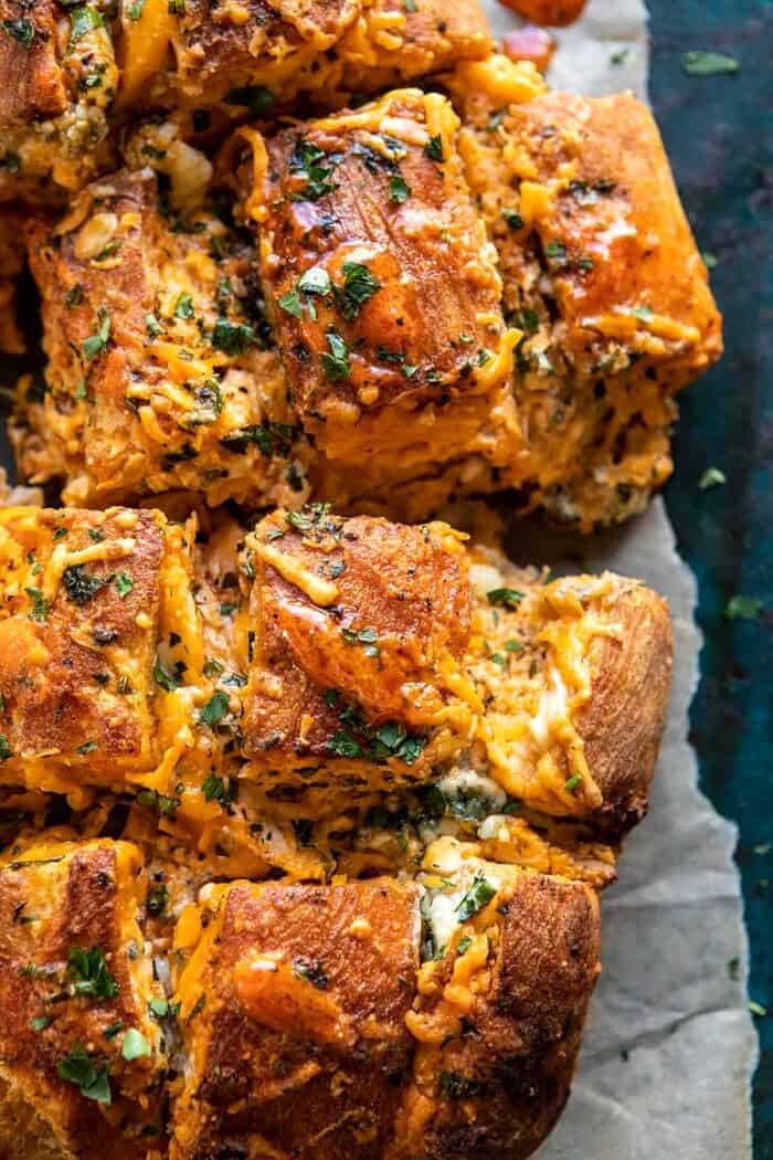 Buffalo Ranch Chicken Pull Apart Bread | halfbakedharvest.com #buffalochicken #pullapartbread overhead close up photo of Buffalo Ranch Chicken Pull Apart Bread