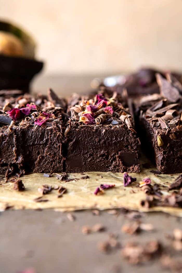 side angled photo of Fudgy Avocado Brownies with Chocolate Fudge Frosting 