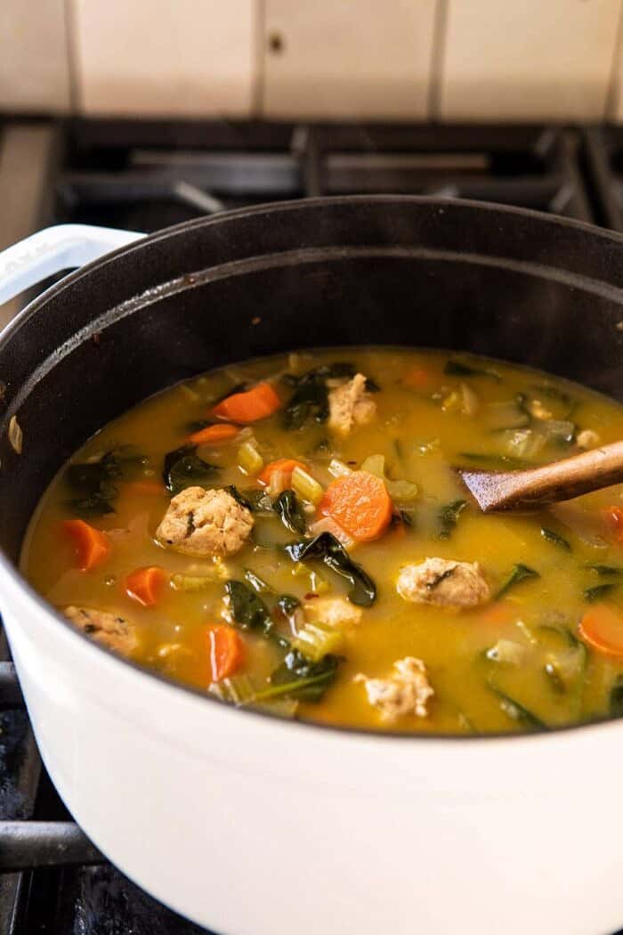 Healthier Italian Wedding Soup with Lemon and Garlic in soup pot
