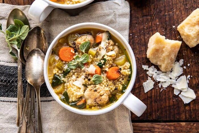 horizontal photo of Healthier Italian Wedding Soup with Lemon and Garlic 