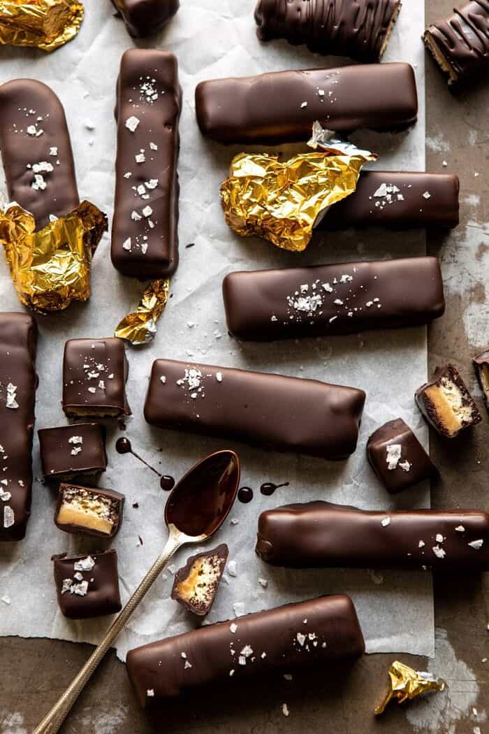 overhead photo of Homemade Vegan Twix Bars 