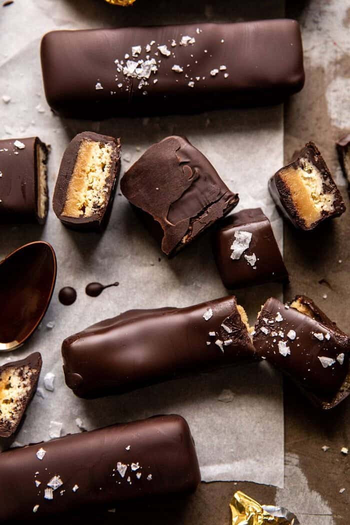 overhead close up photo of Homemade Vegan Twix Bars