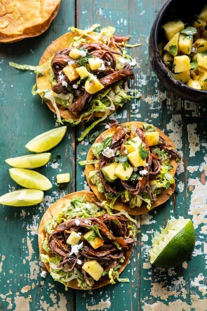overhead photo of Crockpot Carne Asada Tostadas 