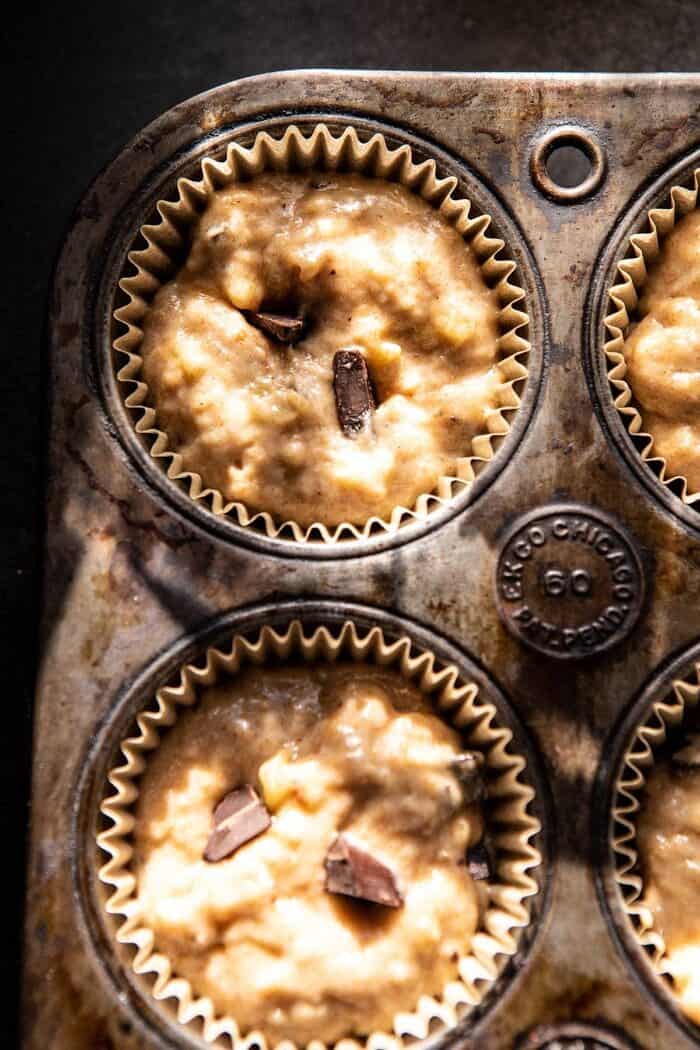 One Bowl Chocolate Chunk Chai Banana Muffins | halfbakedharvest.com #healthy #bananabread #muffin overhead photo of One Bowl Chocolate Chunk Chai Banana Muffin batter before baking