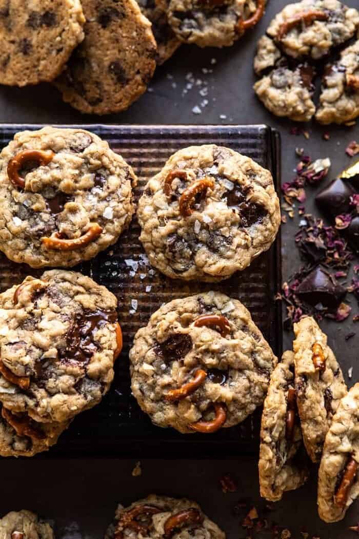 Salted Pretzel Cowboy Party Cookies | halfbakedharvest.com #cookies #chocolate overhead photo of Salted Pretzel Cowboy Party Cookies