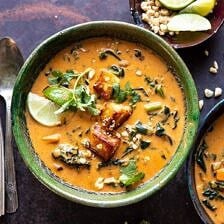 Spicy Peanut Soup with Sesame Halloumi | halfbakedharvest.com #peanutsoup #healthy #thai