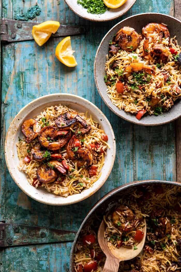 One Pot Spanish Shrimp and Rice Pilaf | halfbakedharvest.com overhead photo of One Pot Spanish Shrimp and Rice Pilaf