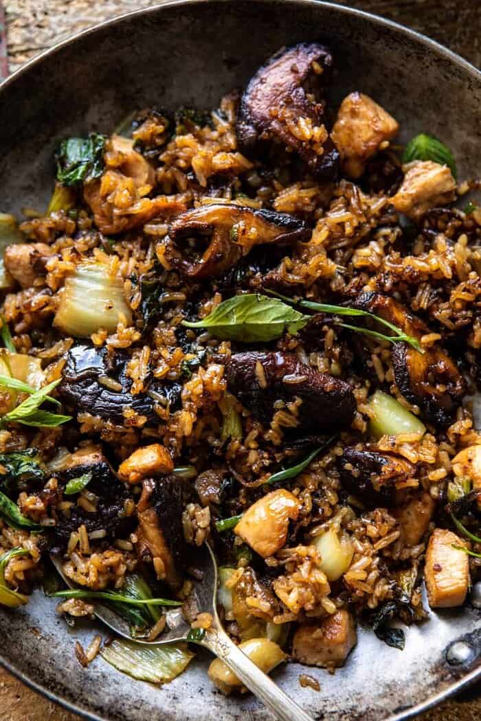 Better Than Takeout Sesame Ginger Chicken Fried Rice | halfbakedharvest.com overhead close up photo of Better Than Takeout Sesame Ginger Chicken Fried Rice