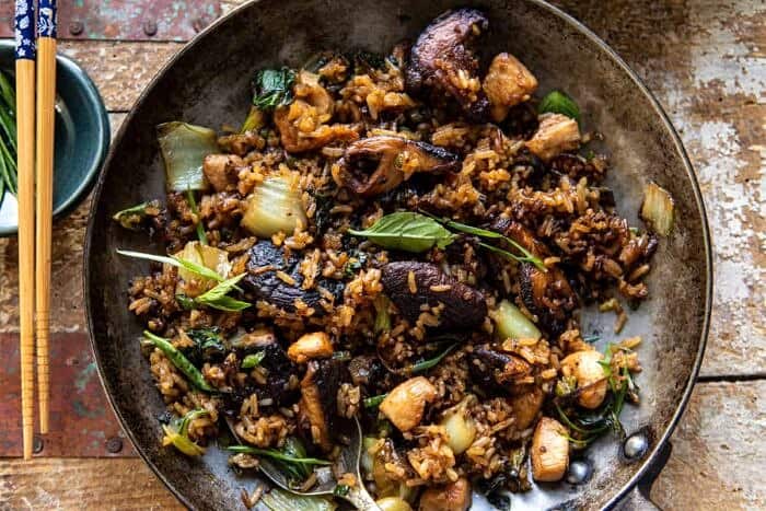 Better Than Takeout Sesame Ginger Chicken Fried Rice | halfbakedharvest.com overhead horizontal photo of Better Than Takeout Sesame Ginger Chicken Fried Rice