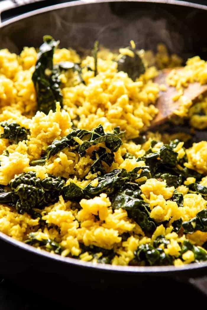 Creamy Golden Rice with Spiced Chickpeas | halfbakedharvest.com Creamy Golden Rice cooking in pot