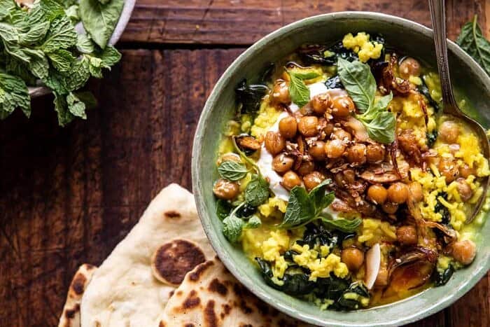 Creamy Golden Rice with Spiced Chickpeas | halfbakedharvest.com horizontal photo of Creamy Golden Rice with Spiced Chickpeas