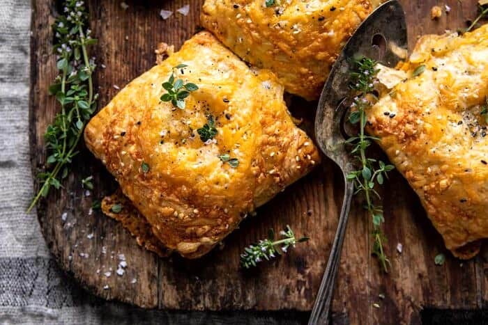 overhead horizontal close up photo of Flaky Broccoli Cheddar Soup Mini Pies 