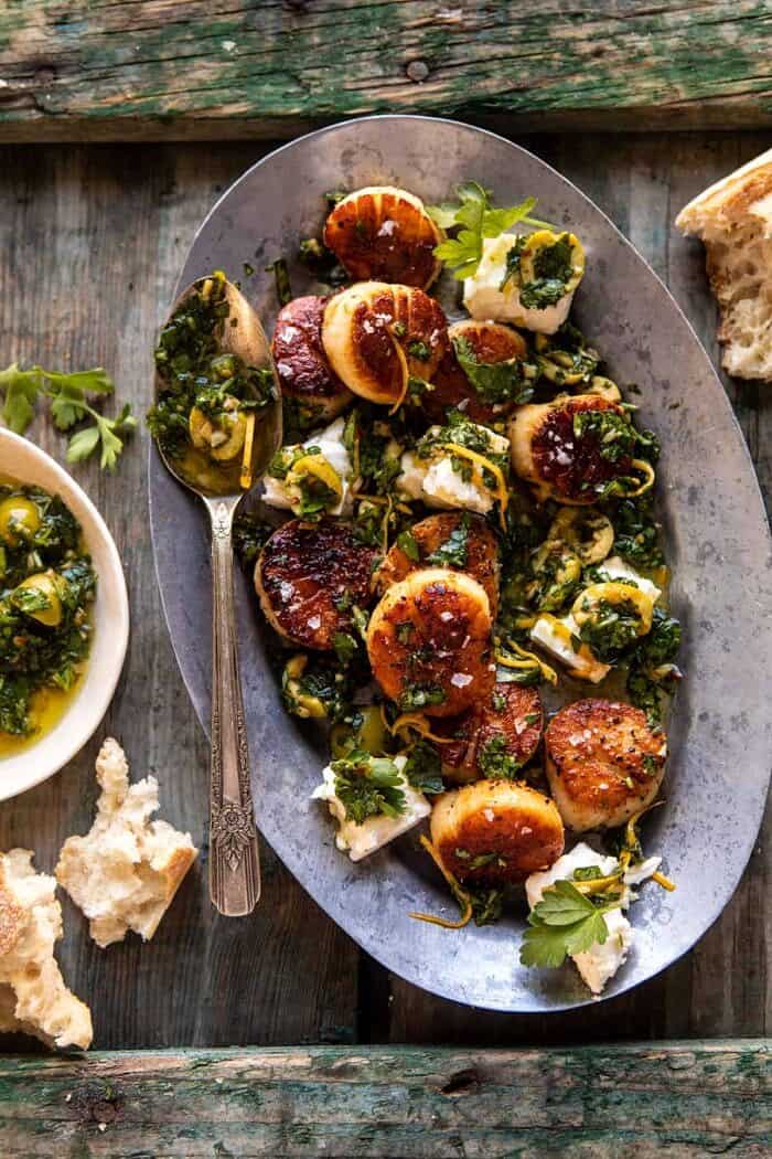 Herbed Garlic Butter Scallops with Lemony Feta Dressing | halfbakedharvest.com