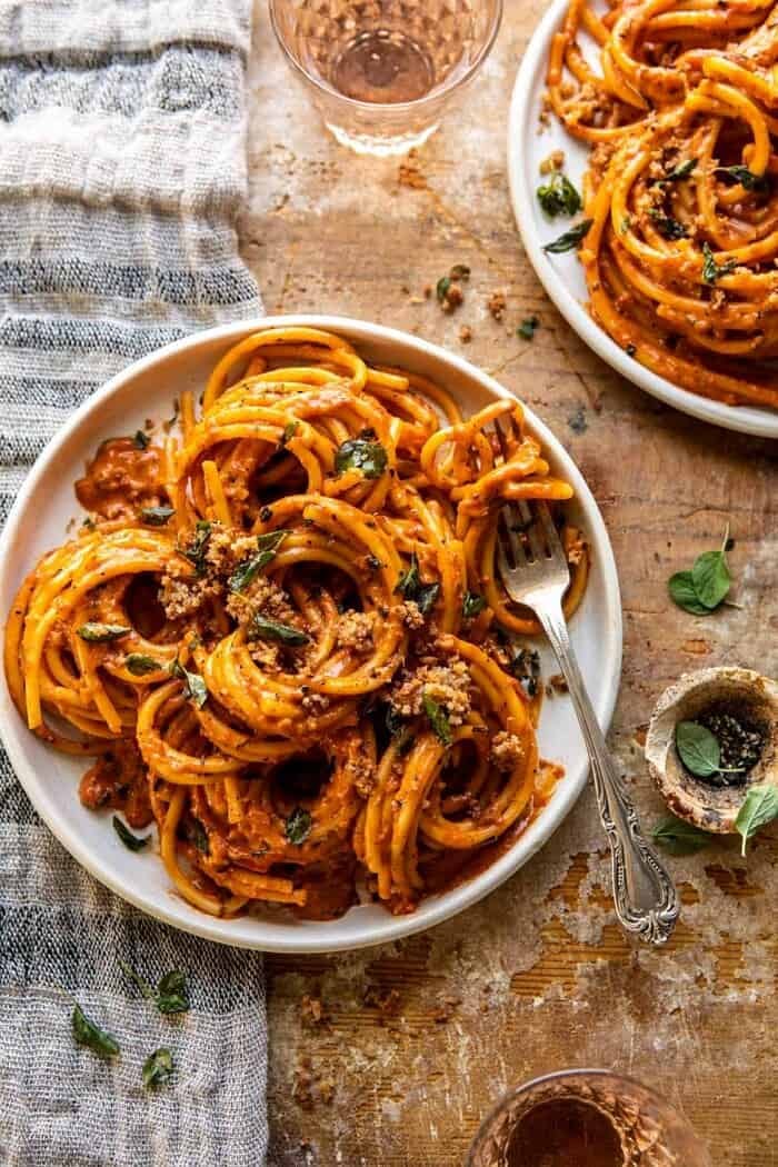 overhead photo of Roasted Red Pepper Alla Vodka Pasta with Cheesy Oregano Breadcrumbs 