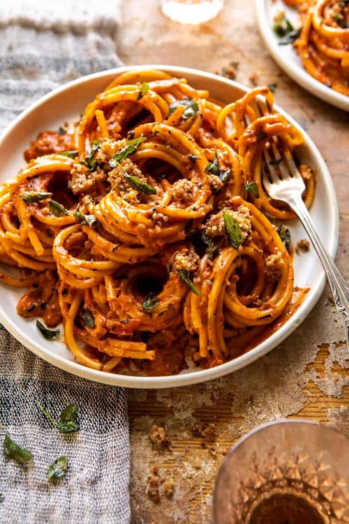 close up photo of Roasted Red Pepper Alla Vodka Pasta with Cheesy Oregano Breadcrumbs 
