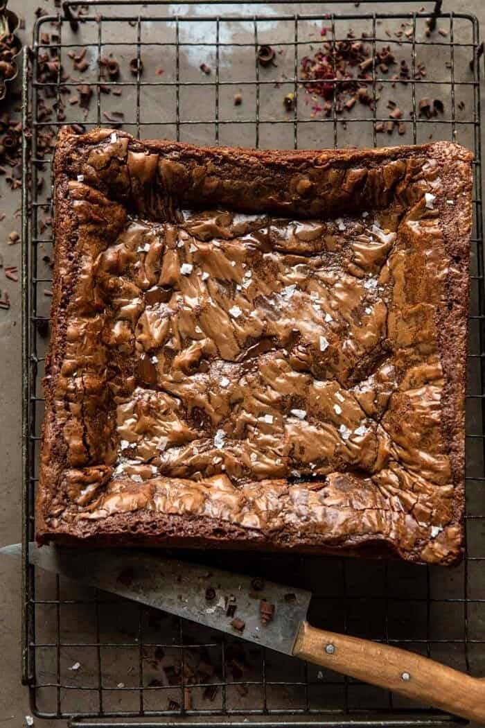 overhead photo of brownies before cutting 