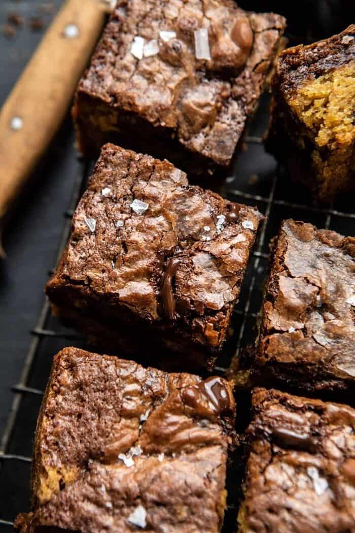 side angle close up photo of Salted Cookie Crinkle Top Brownies 