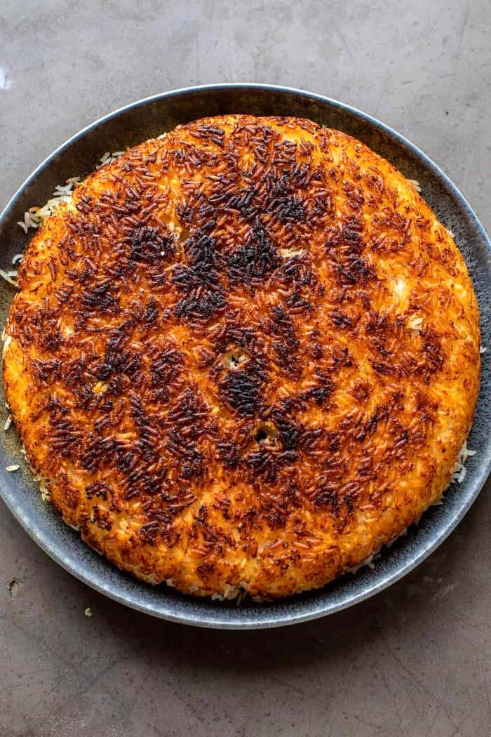 Crispy Persian Rice (Tahdig) with Spiced Golden Chickpeas | halfbakedharvest.com overhead photo of Crispy Persian Rice (Tahdig)