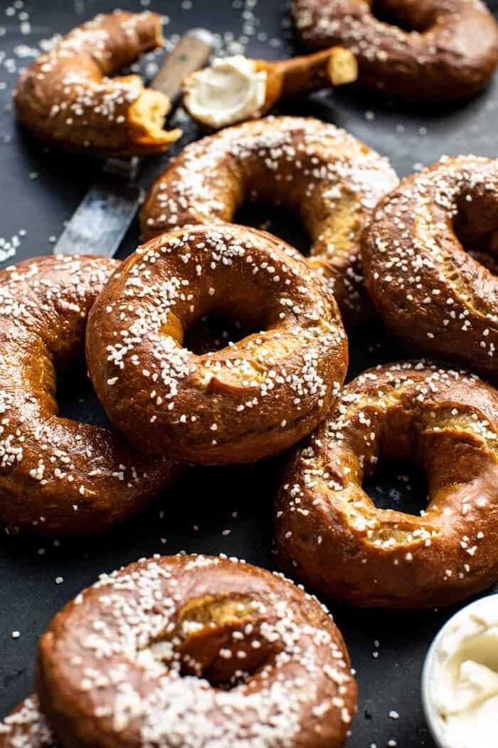 side angled photo of Easy Homemade Pretzel Bagels 