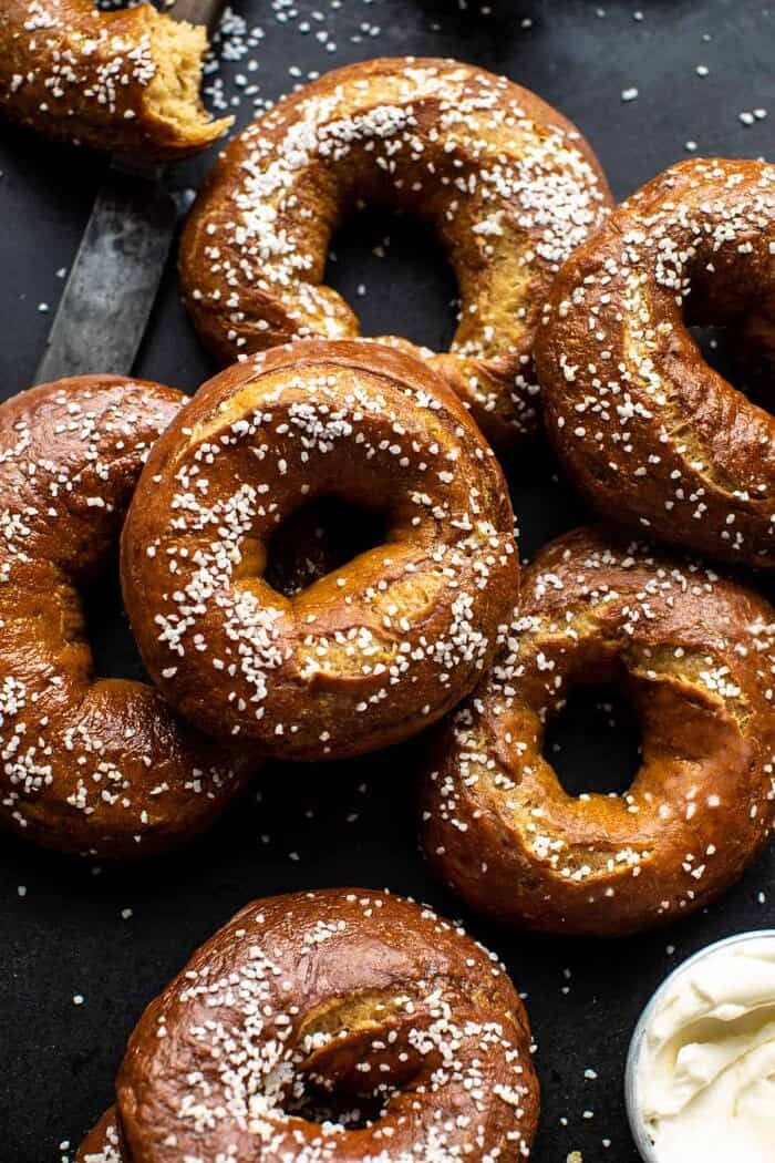 overhead close up photo of Easy Homemade Pretzel Bagels 
