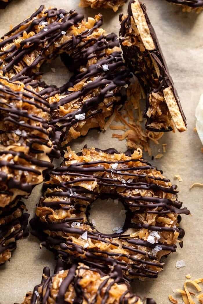 overhead close up photo of Healthyish Homemade Samoas Cookies