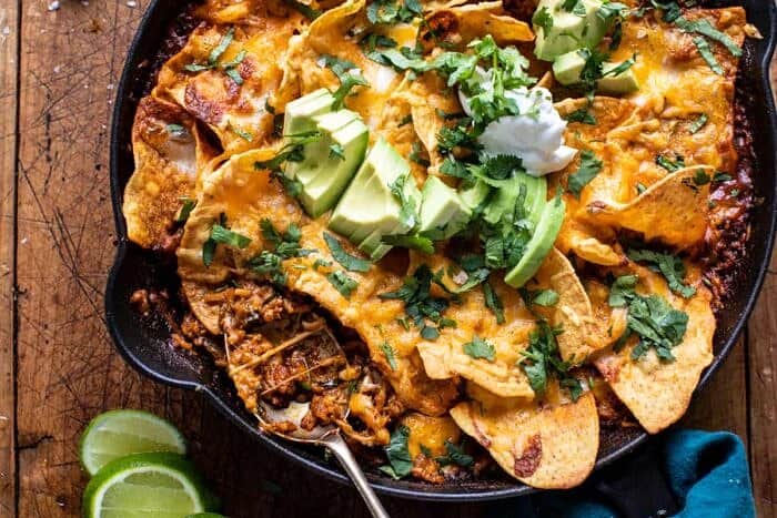 overhead horizontal photo of One Skillet Saucy Chicken Tortilla Enchilada Rice Bake