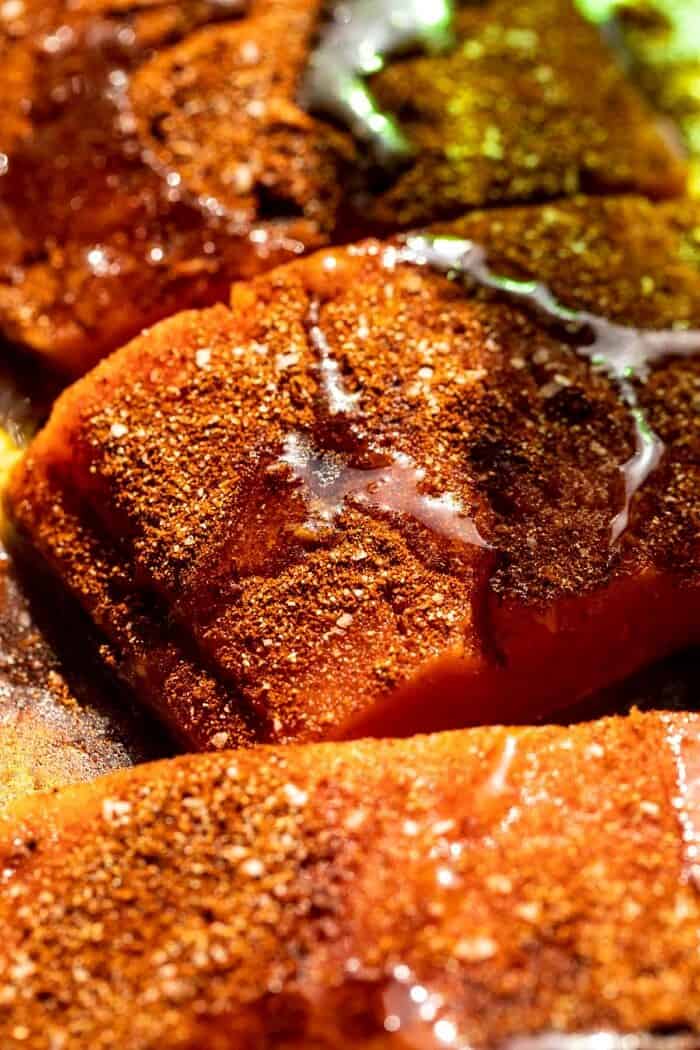 Sheet Pan Chipotle Salmon with Cilantro Lime Special Sauce | halfbakedharvest.com prep photo of raw salmon