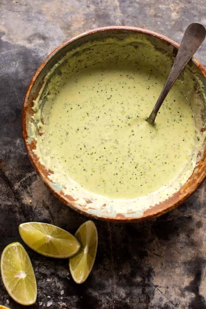Sheet Pan Chipotle Salmon with Cilantro Lime Special Sauce | halfbakedharvest.com overhead photo of Cilantro Lime Special Sauce