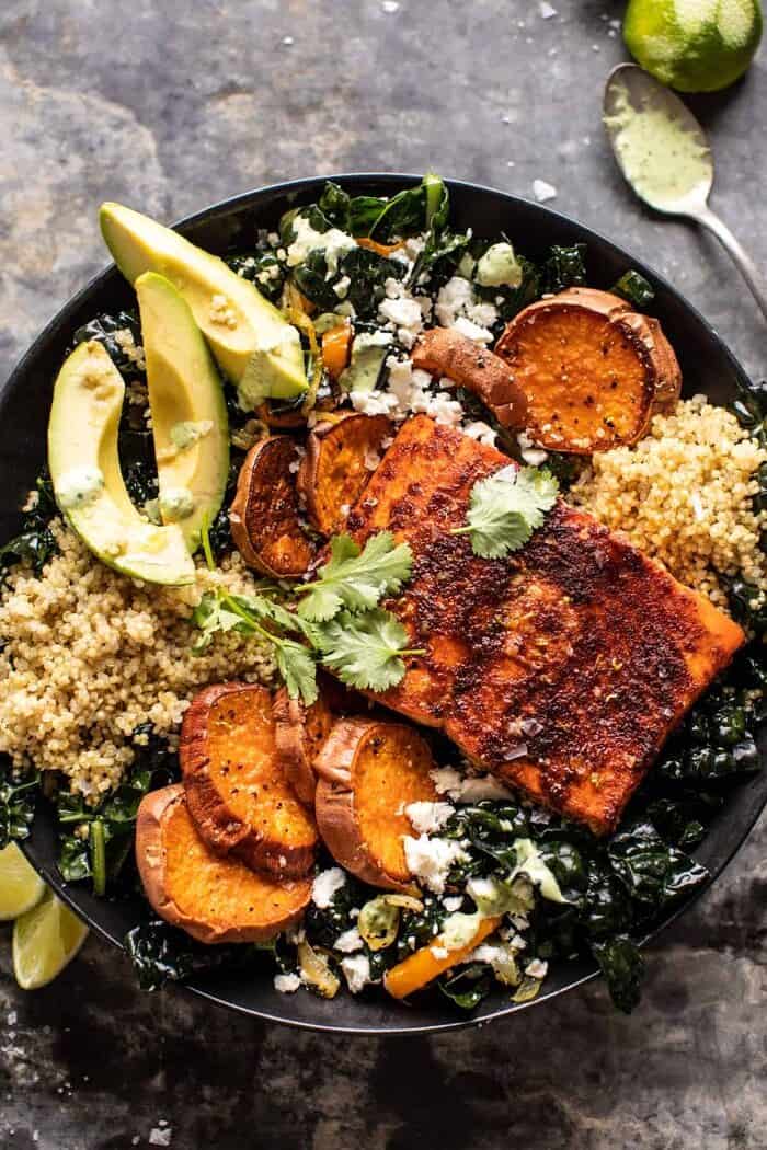 Sheet Pan Chipotle Salmon with Cilantro Lime Special Sauce | halfbakedharvest.com overhead close up photo of Sheet Pan Chipotle Salmon with Cilantro Lime Special Sauce | halfbakedharvest.com