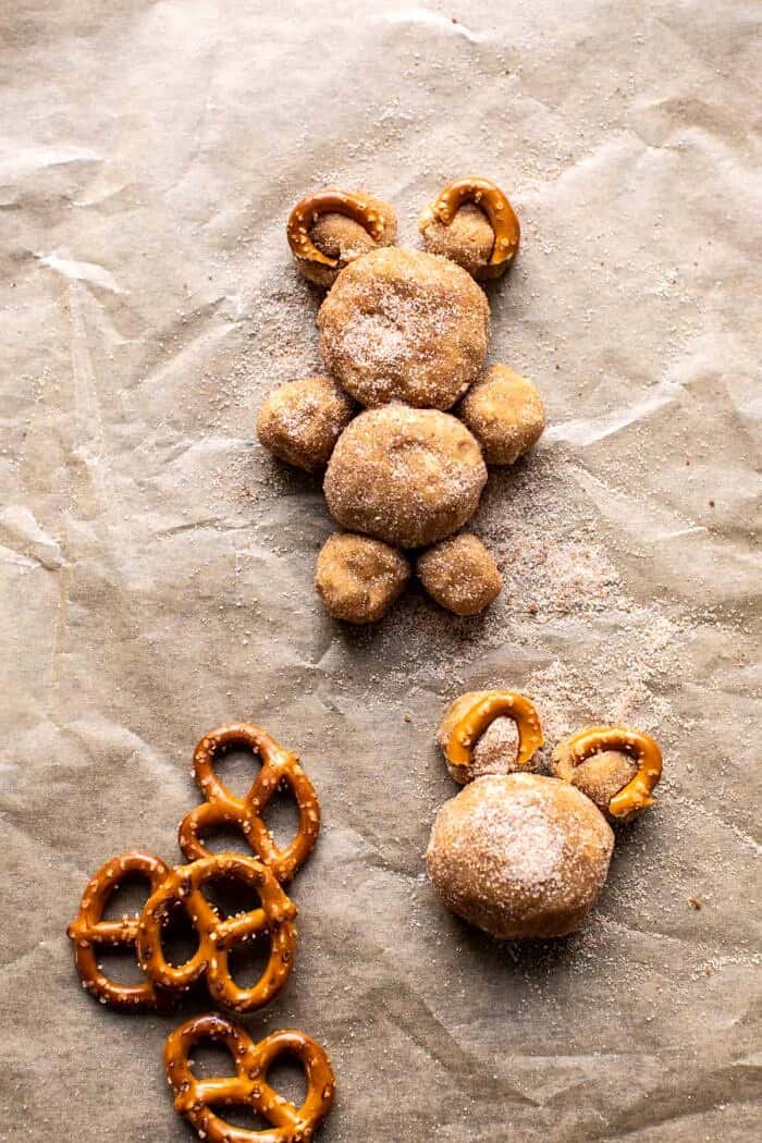 Sweet and Salty Teddy Bear Snickerdoodles | halfbakedharvest.com prep photo of teddy bears on baking sheet before baking
