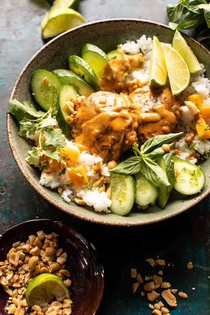 Weeknight Thai Peanut Chicken with Spicy Lime Mango | halfbakedharvest.com side angled photo of Weeknight Thai Peanut Chicken with Spicy Lime Mango