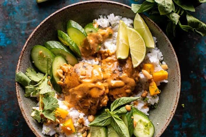 Weeknight Thai Peanut Chicken with Spicy Lime Mango | halfbakedharvest.com horizontal photo of Weeknight Thai Peanut Chicken with Spicy Lime Mango