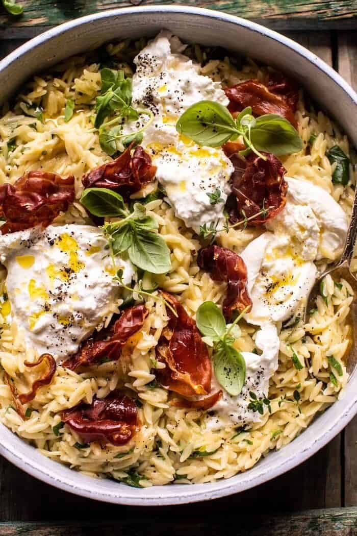 20 Minute Orzo Carbonara with Crispy Prosciutto and Burrata | halfbakedharvest.com