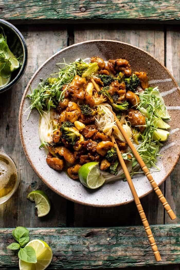 overhead photo of 25 Minute Thai Black Pepper Chicken and Garlic Noodles with chopsticks
