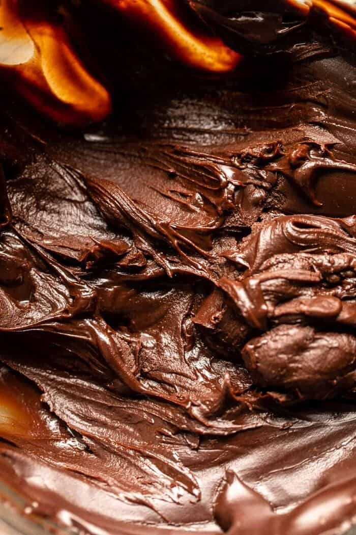 overhead close up photo of chocolate fudge sauce