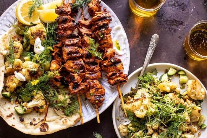 overhead horizontal photo of Lebanese Chicken with Charred Lemon Cauliflower